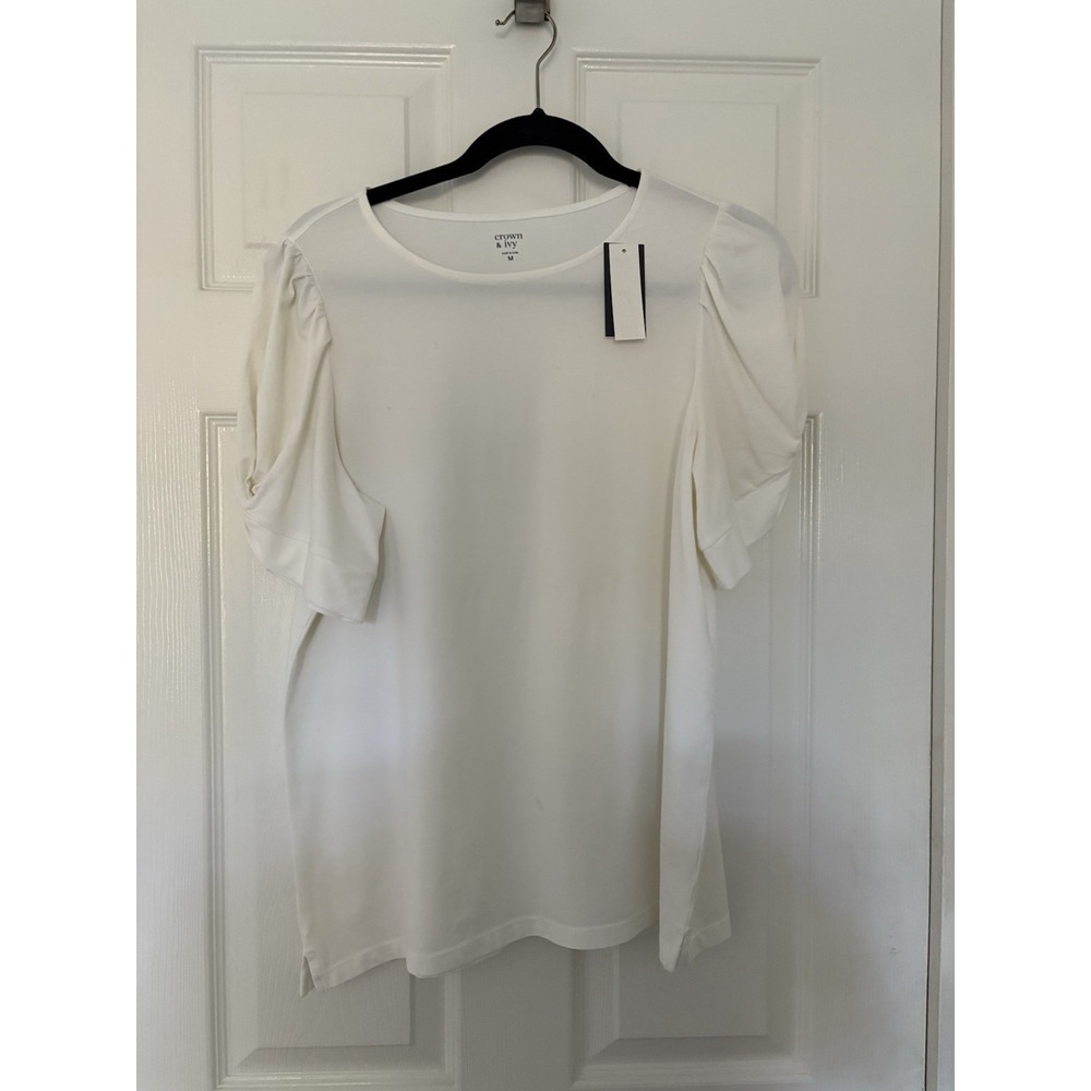 NWT Crown & Ivy Women's Short Knit Puff Sleeve Round Neck White Medium
